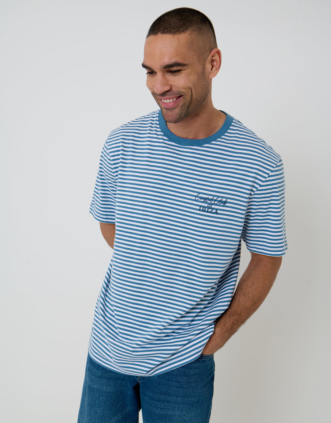 Denim Blue Relaxed Fit Stripe Cotton T-Shirt