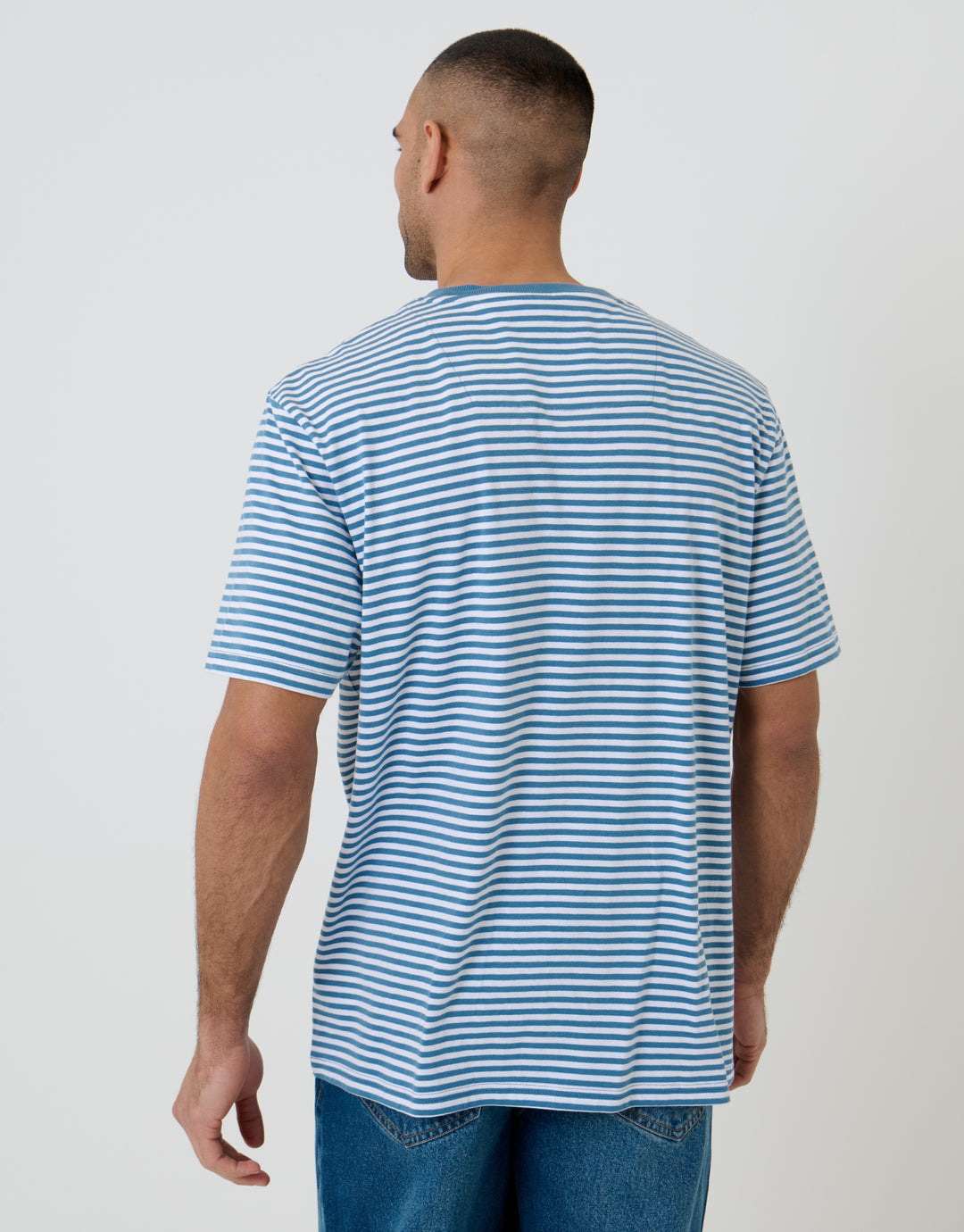 Denim Blue Relaxed Fit Stripe Cotton T-Shirt