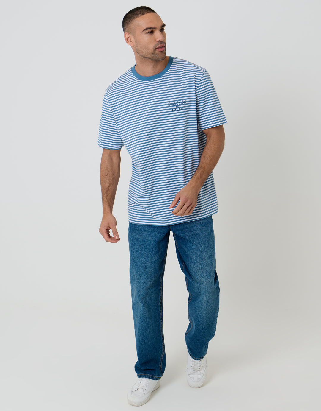 Denim Blue Relaxed Fit Stripe Cotton T-Shirt