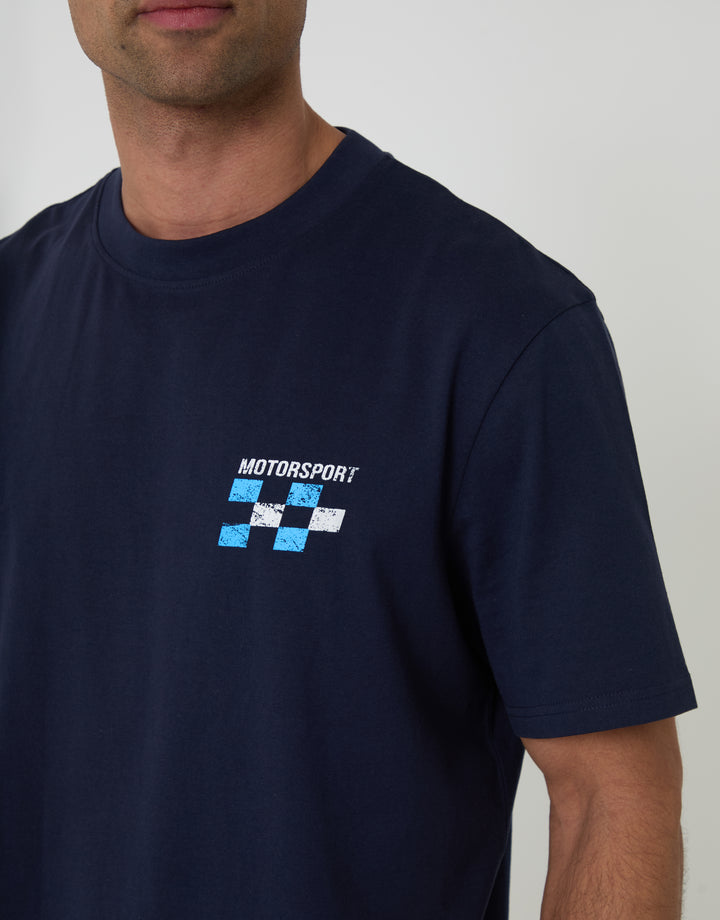 Navy Relaxed Fit Motorsport Cotton T-Shirt