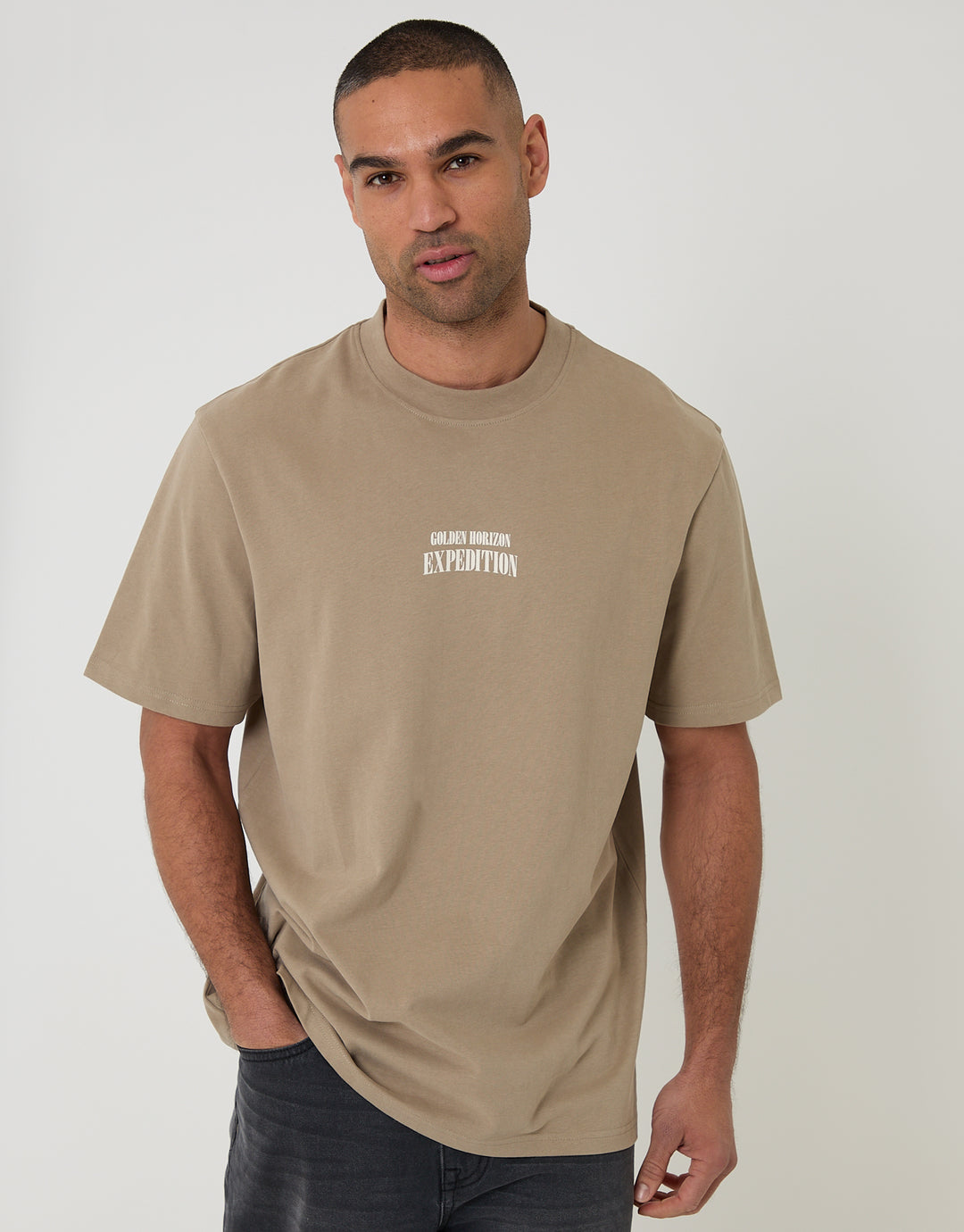 Threadbare Relaxed Fit Expedition Peached Cotton T-Shirt in Brown - front view