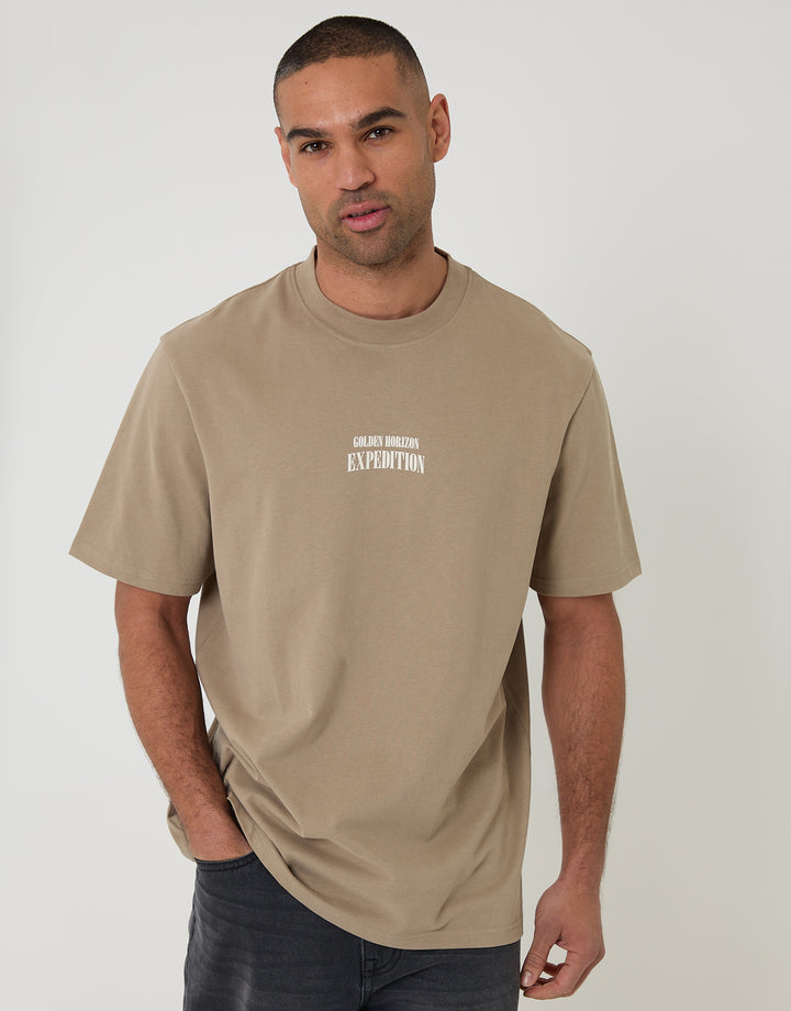 Threadbare Relaxed Fit Expedition Peached Cotton T-Shirt in Brown - front view