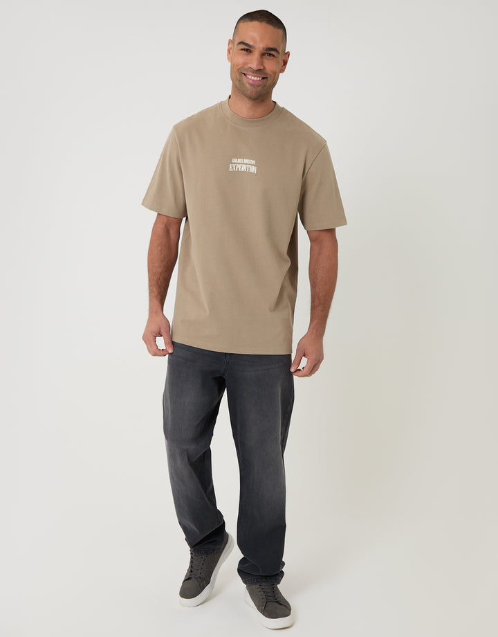 Threadbare Relaxed Fit Expedition Peached Cotton T-Shirt in Brown - full body