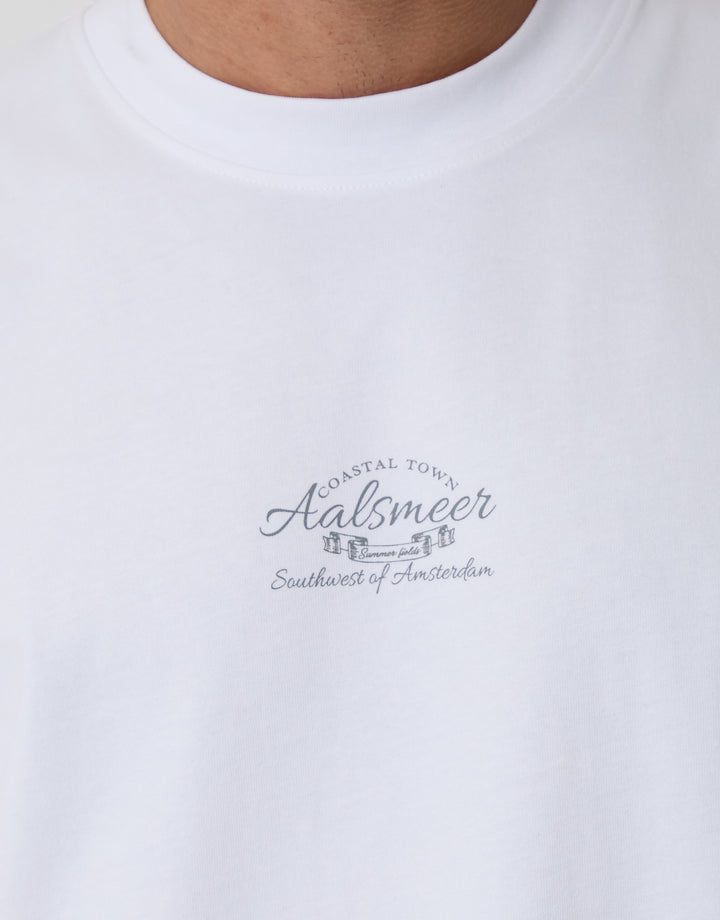 Threadbare Relaxed Fit Aalsmeer Peached Cotton T-Shirt in White - front graphic close up