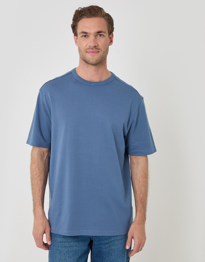 Threadbare Relaxed Fit Textured Cotton T-Shirt in Denim Blue - front view