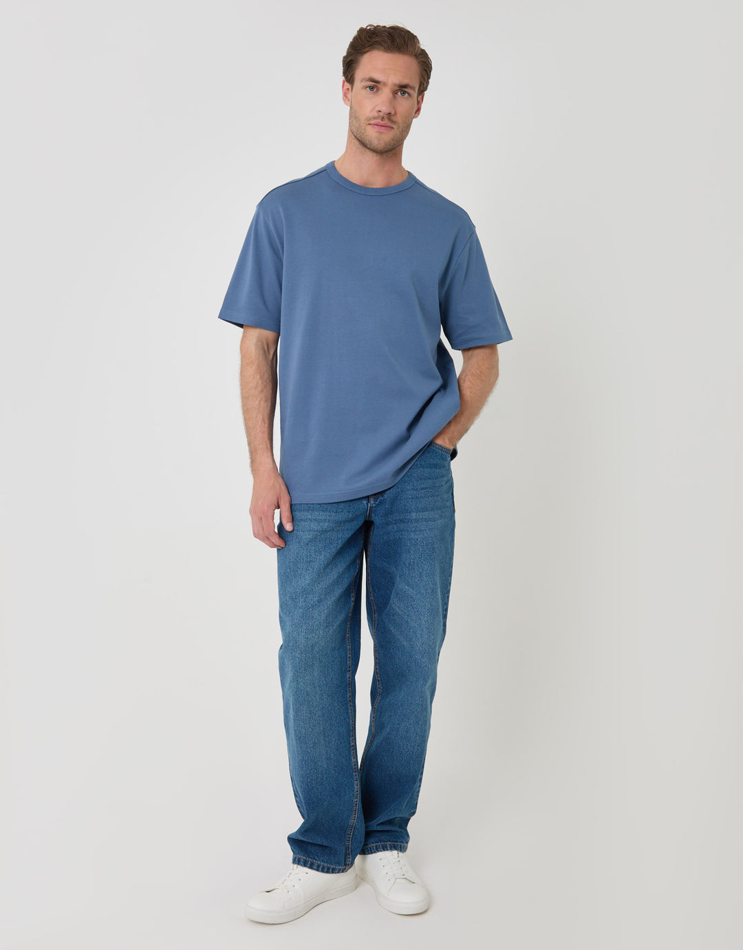 Threadbare Relaxed Fit Textured Cotton T-Shirt in Denim Blue - full body