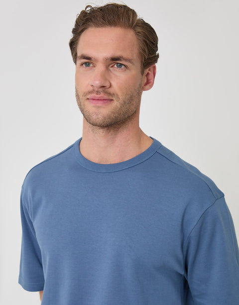 Threadbare Relaxed Fit Textured Cotton T-Shirt in Denim Blue - close up