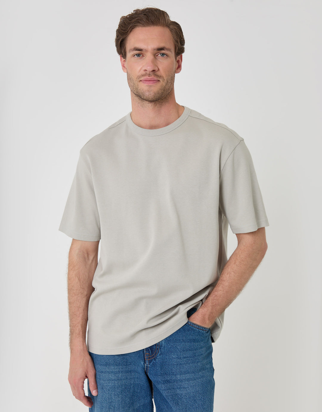 Threadbare Relaxed Fit Textured Cotton T-Shirt in Grey - front view