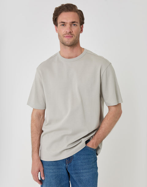 Threadbare Relaxed Fit Textured Cotton T-Shirt in Grey - front view