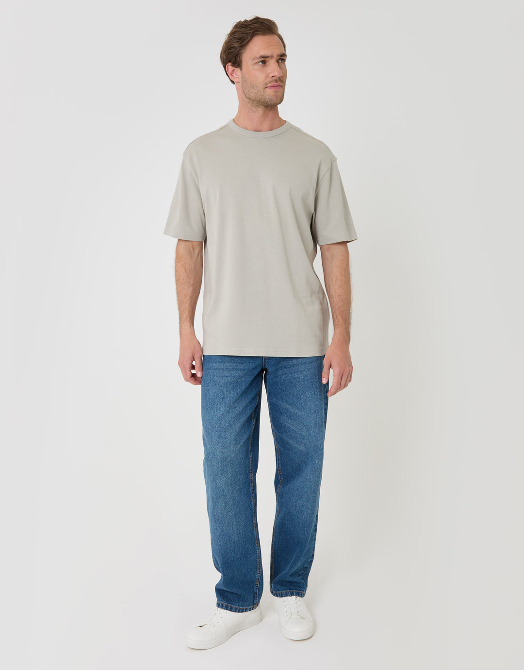 Threadbare Relaxed Fit Textured Cotton T-Shirt in Grey - full body