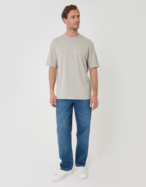 Threadbare Relaxed Fit Textured Cotton T-Shirt in Grey - full body