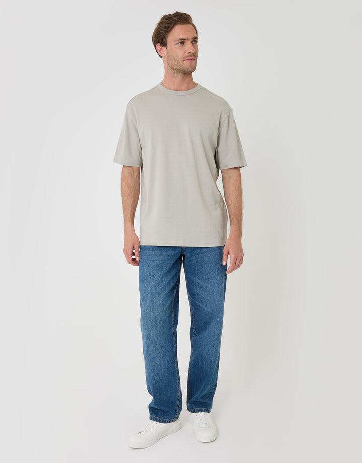 Threadbare Relaxed Fit Textured Cotton T-Shirt in Grey - full body