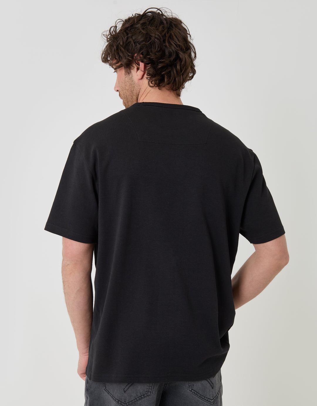 Threadbare Relaxed Fit Textured Cotton T-Shirt in Black - back view