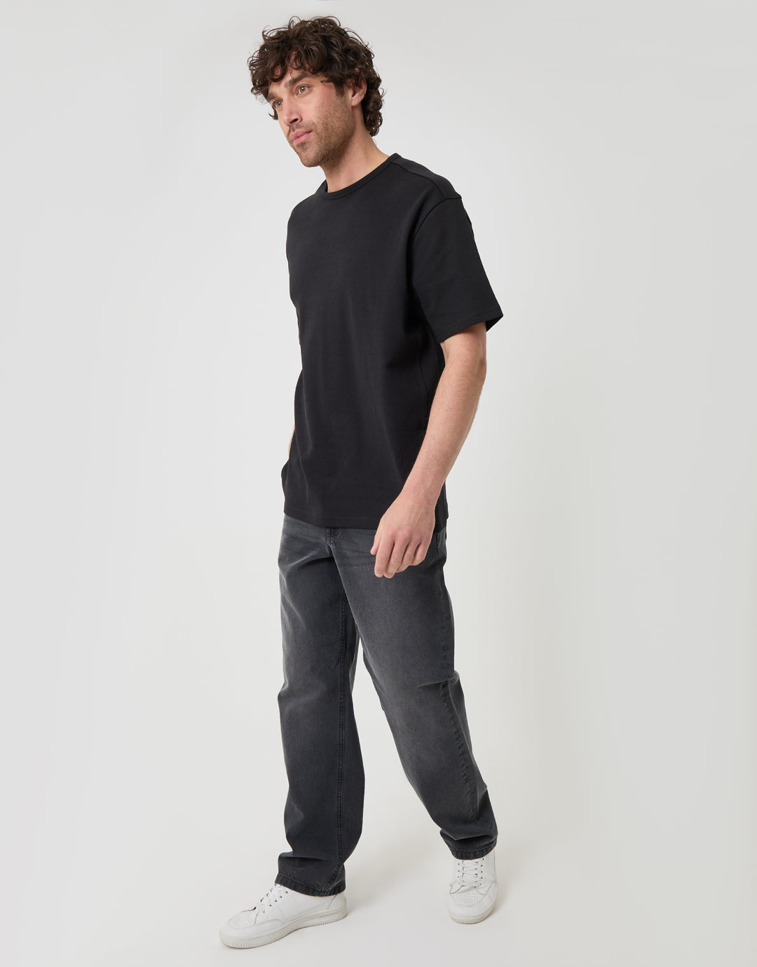 Threadbare Relaxed Fit Textured Cotton T-Shirt in Black - full body