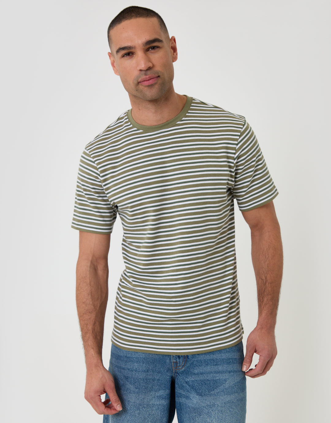 Threadbare Cotton Crew Neck T-Shirt in Sage Green Stripe - front view