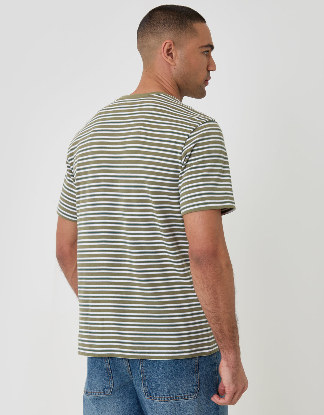 Threadbare Cotton Crew Neck T-Shirt in Sage Green Stripe - back view