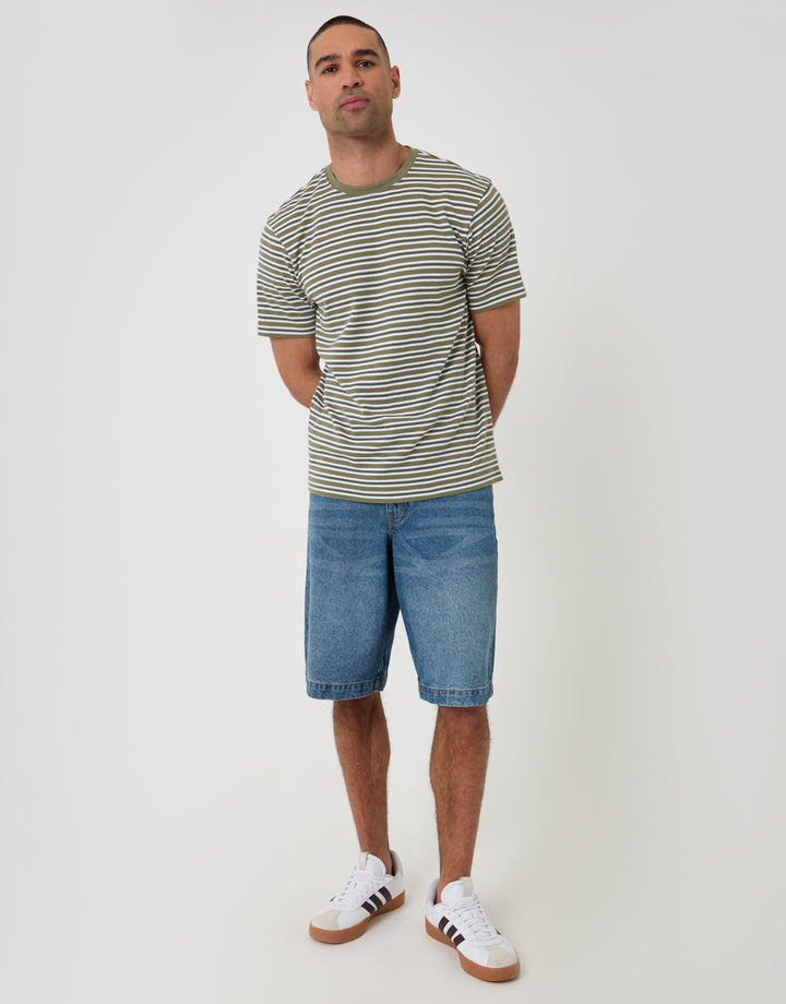 Threadbare Cotton Crew Neck T-Shirt in Sage Green Stripe - full body