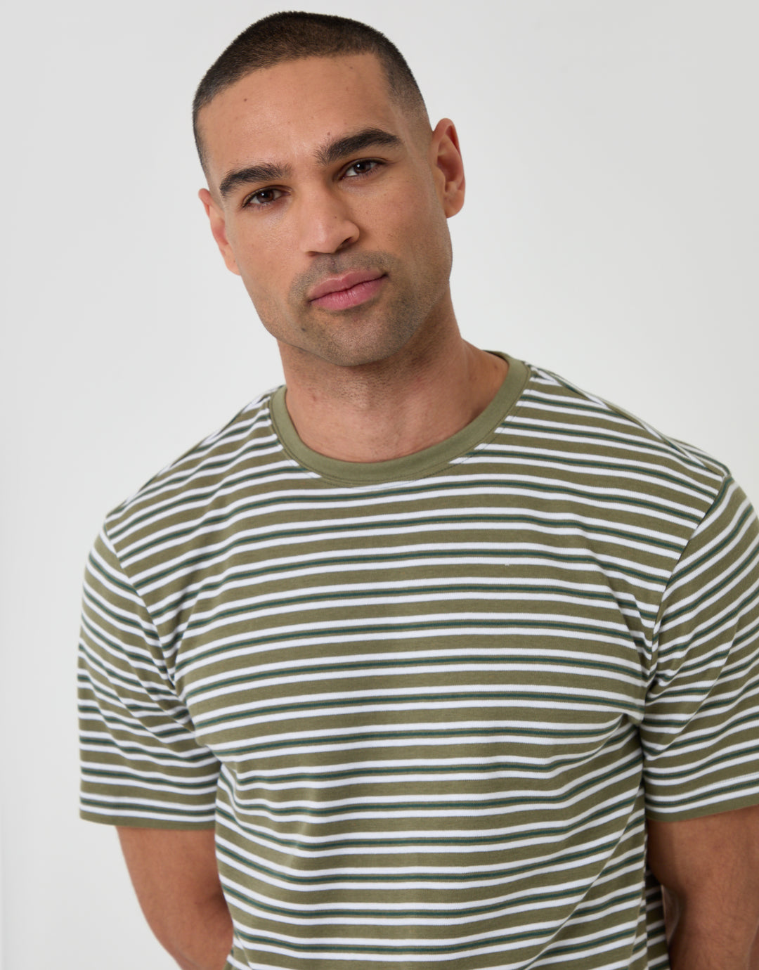 Threadbare Cotton Crew Neck T-Shirt in Sage Green Stripe - front view close up