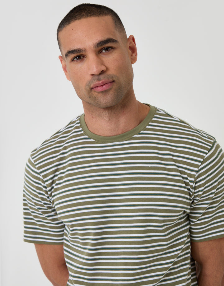 Threadbare Cotton Crew Neck T-Shirt in Sage Green Stripe - front view close up