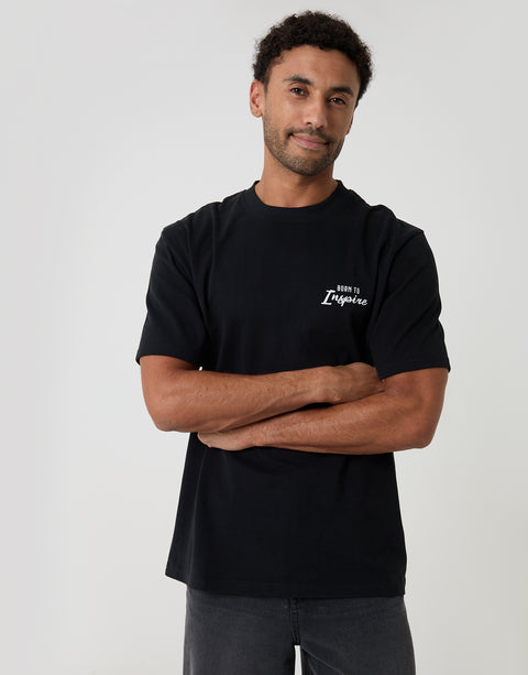 Threadbare Relaxed Fit Inspire Peached Cotton T-Shirt in Black - front view