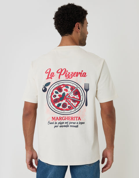 Threadbare Relaxed Fit Pizzeria Peached Cotton T-Shirt in Ecru - back view