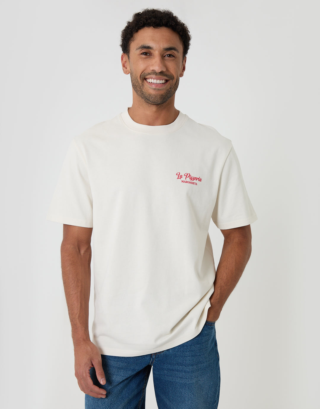 Threadbare Relaxed Fit Pizzeria Peached Cotton T-Shirt in Ecru - front view