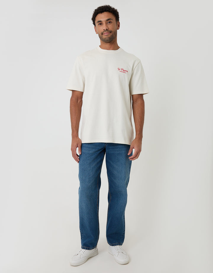 Threadbare Relaxed Fit Pizzeria Peached Cotton T-Shirt in Ecru - full body