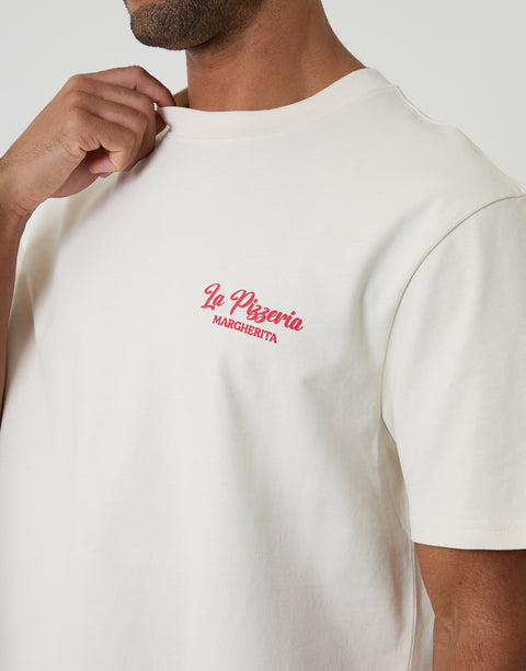 Threadbare Relaxed Fit Pizzeria Peached Cotton T-Shirt in Ecru - front view close up 