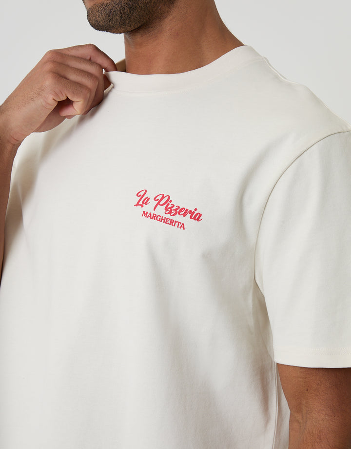 Threadbare Relaxed Fit Pizzeria Peached Cotton T-Shirt in Ecru - front view close up 