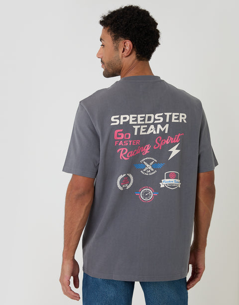 Threadbare Relaxed Fit Speedster Peached Cotton T-Shirt in Slate Grey - back view