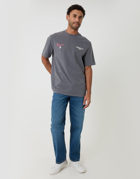 Threadbare Relaxed Fit Speedster Peached Cotton T-Shirt in Slate Grey - full body