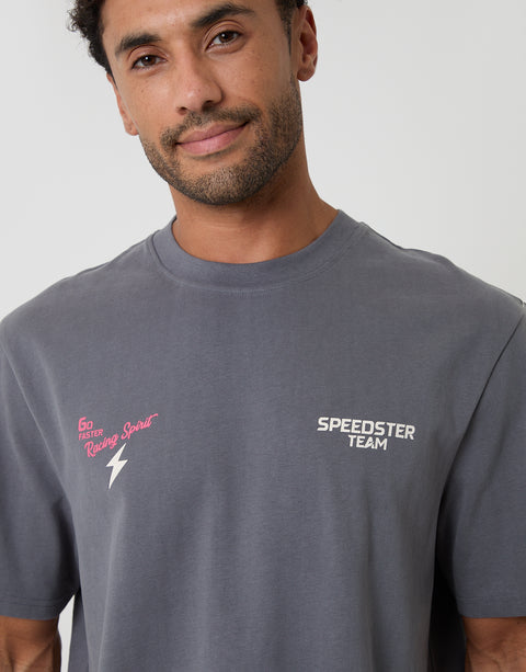 Threadbare Relaxed Fit Speedster Peached Cotton T-Shirt in Slate Grey - front view close up