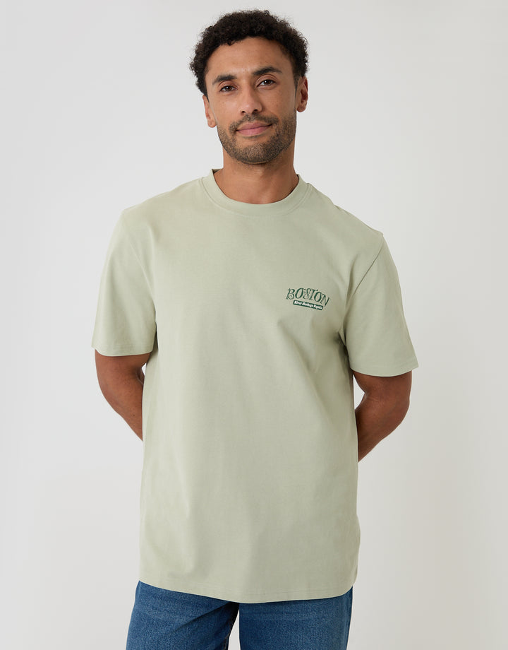 Threadbare Relaxed Fit Boston Peached Cotton T-Shirt in Sage Green - front view