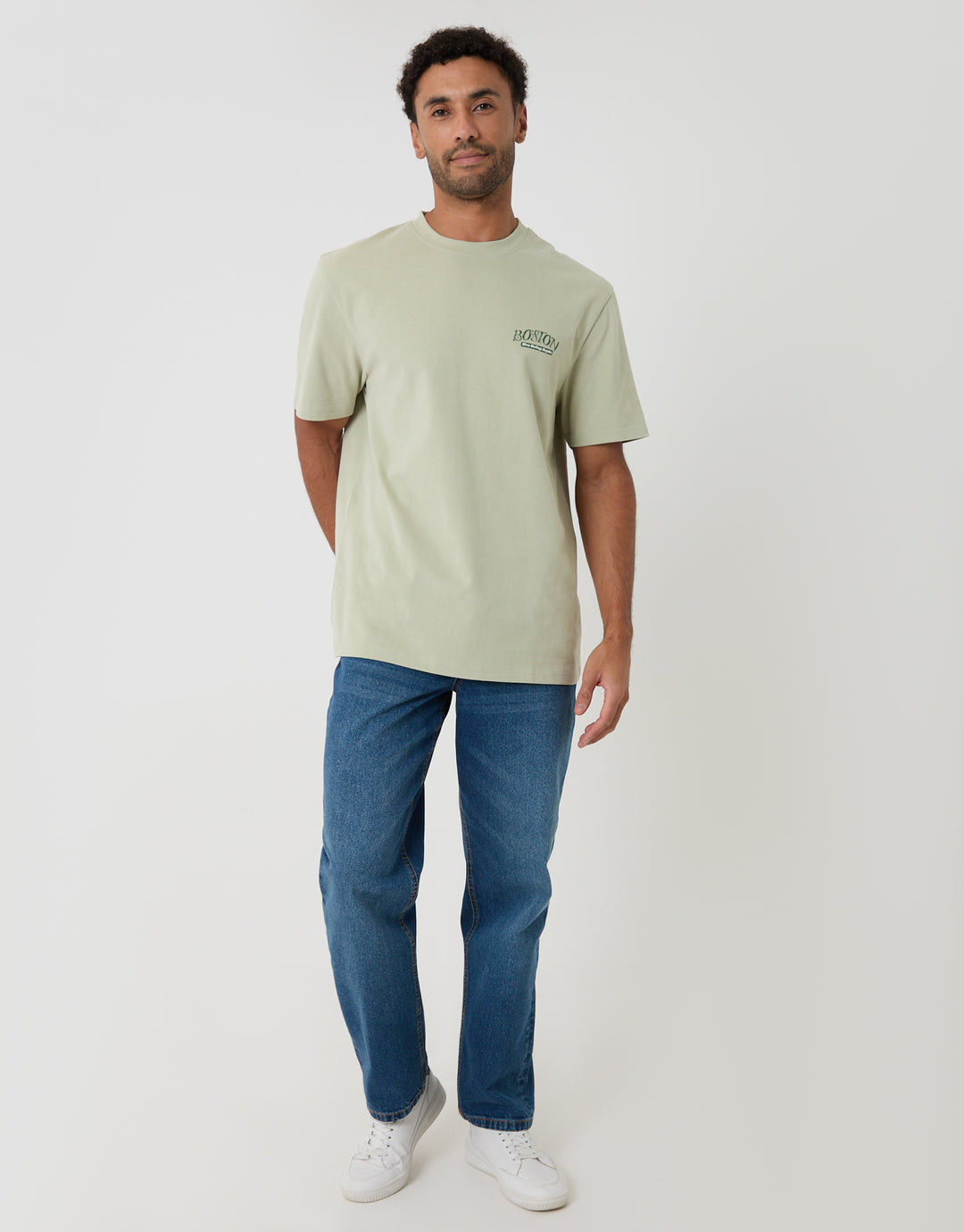 Threadbare Relaxed Fit Boston Peached Cotton T-Shirt in Sage Green - full body