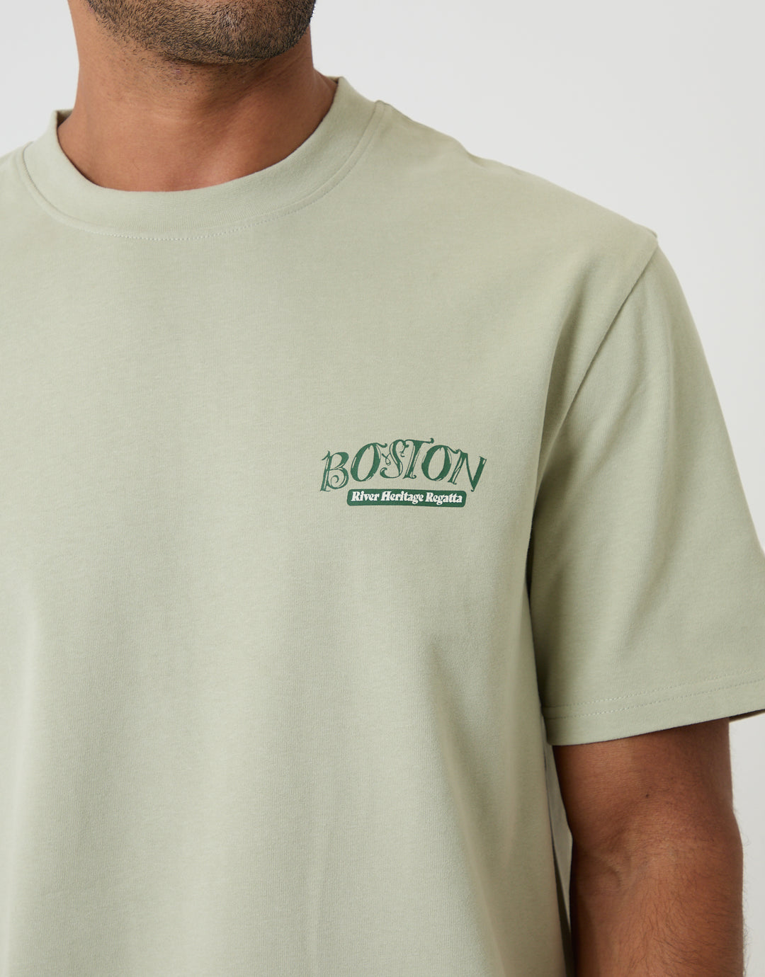 Threadbare Relaxed Fit Boston Peached Cotton T-Shirt in Sage Green - front view close up 