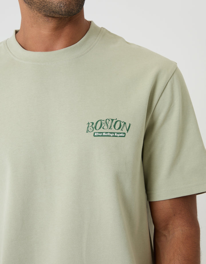 Threadbare Relaxed Fit Boston Peached Cotton T-Shirt in Sage Green - front view close up 
