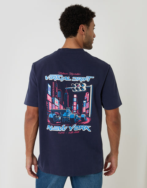 Threadbare Relaxed Fit Midtown Peached Cotton T-Shirt in Navy - back view