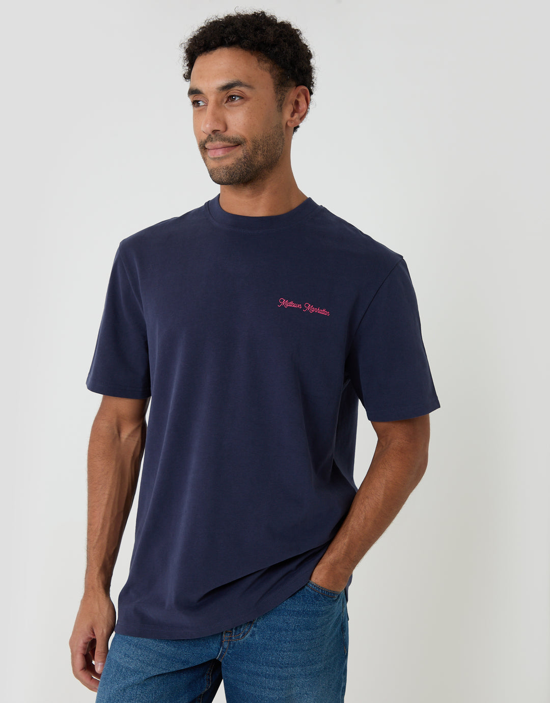Threadbare Relaxed Fit Midtown Peached Cotton T-Shirt in Navy - front view