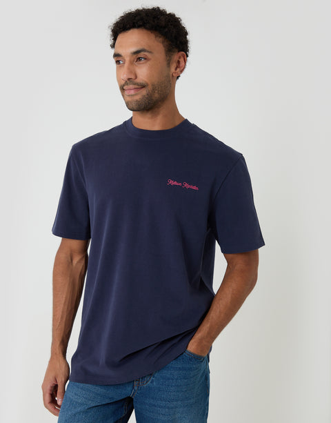 Threadbare Relaxed Fit Midtown Peached Cotton T-Shirt in Navy - front view