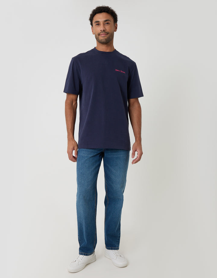 Threadbare Relaxed Fit Midtown Peached Cotton T-Shirt in Navy - full body