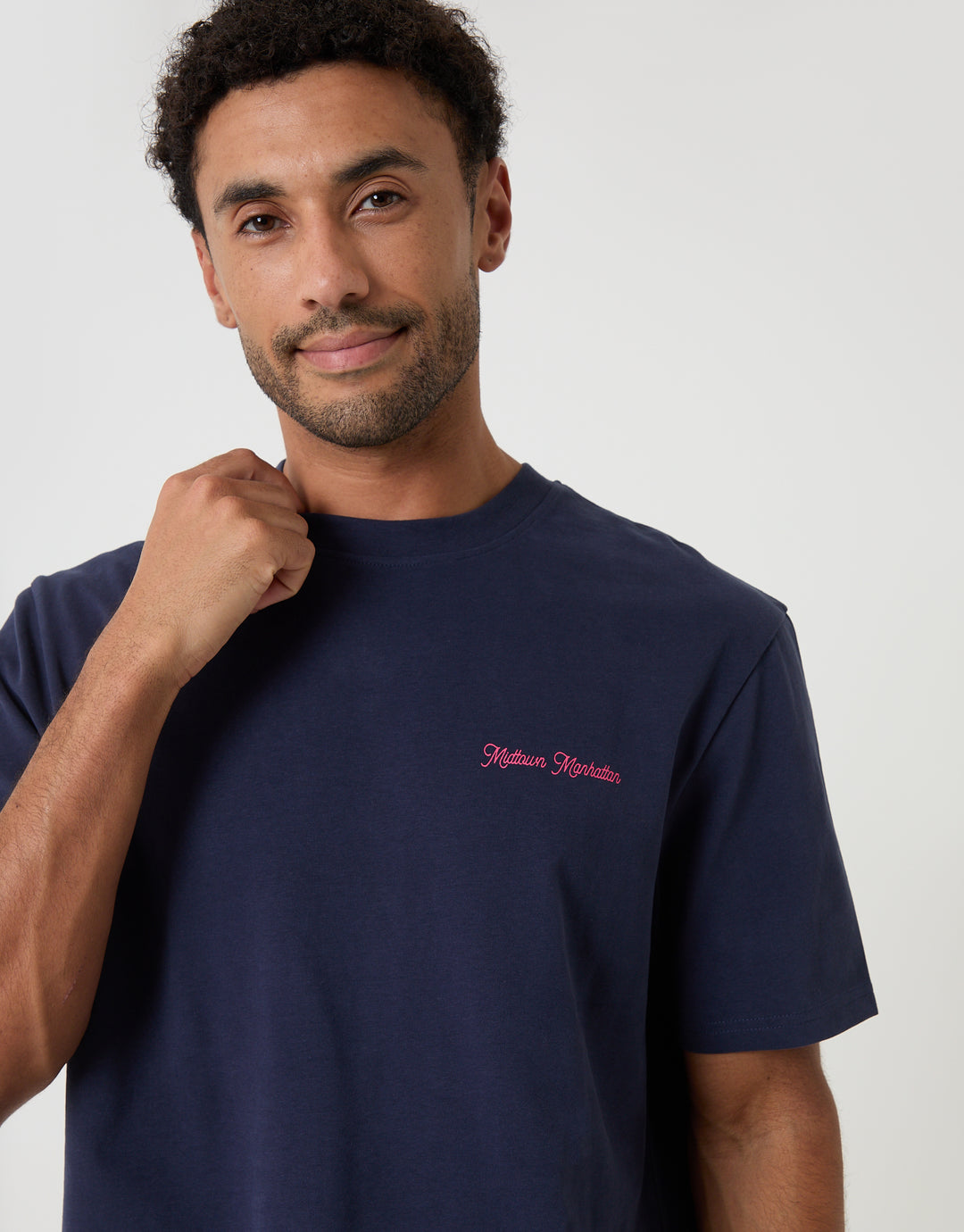 Threadbare Relaxed Fit Midtown Peached Cotton T-Shirt in Navy - front view close up