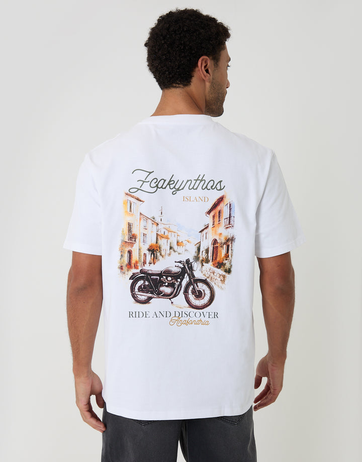 Threadbare Relaxed Fit Zakynthos Peached Cotton T-Shirt in White - back view