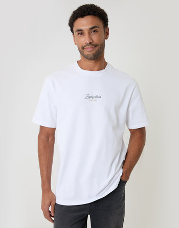 Threadbare Relaxed Fit Zakynthos Peached Cotton T-Shirt in White - front view