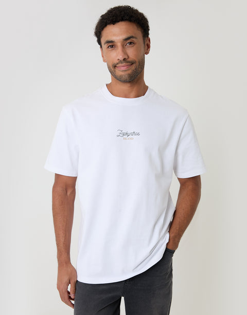 Threadbare Relaxed Fit Zakynthos Peached Cotton T-Shirt in White - front view