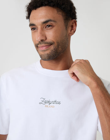 Threadbare Relaxed Fit Zakynthos Peached Cotton T-Shirt in White - front view close up