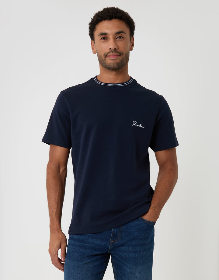 Threadbare Cotton Crew Neck Script T-Shirt in Navy - front view