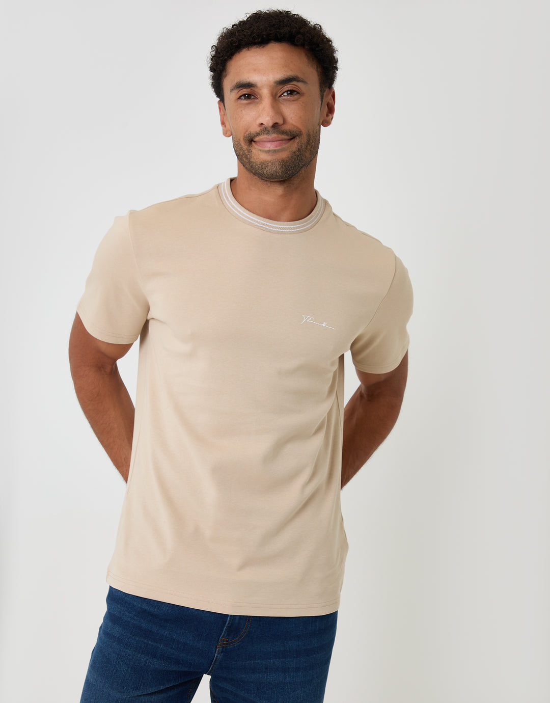 Threadbare Cotton Crew Neck Script T-Shirt in Stone - frontview