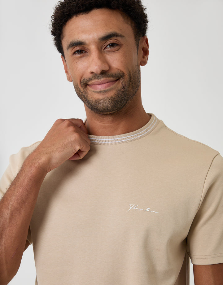 Threadbare Cotton Crew Neck Script T-Shirt in Stone - neckline close up