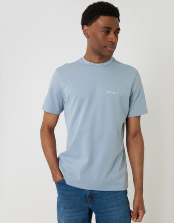 Threadbare Cotton Crew Neck Script T-Shirt in Blue - front view