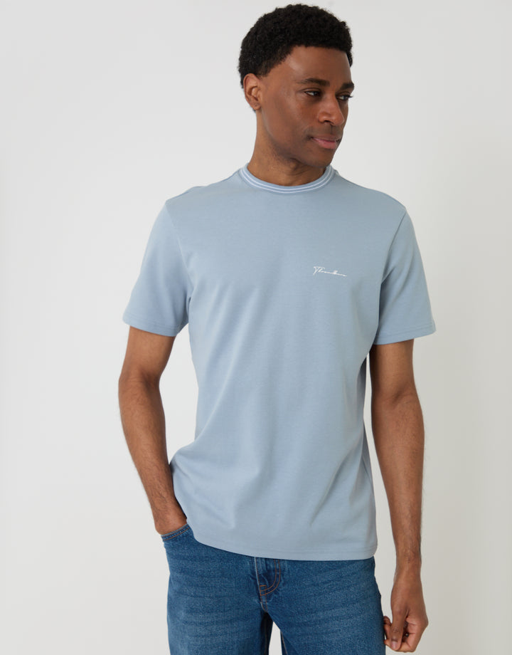 Threadbare Cotton Crew Neck Script T-Shirt in Blue - front view